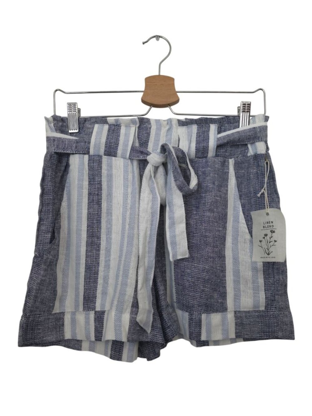 NWT Indigo Rein Blue & White Striped Linen Blend Paperbag Shorts Women's M - Picture 1 of 7